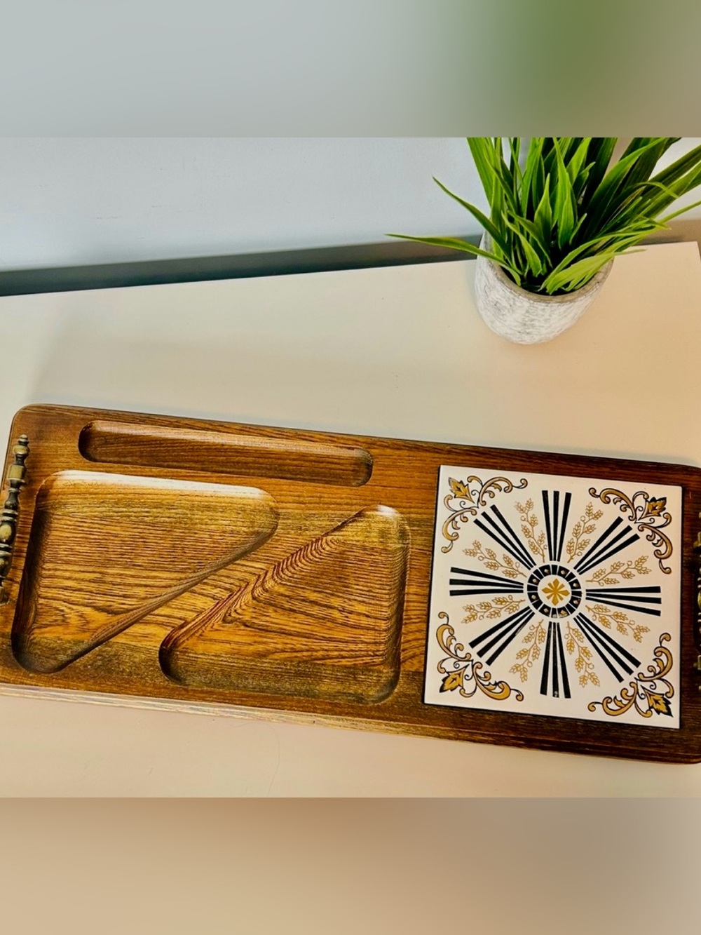 MCM Wood Snack Tray w Starburst Tile Japan Barware Serving Tray